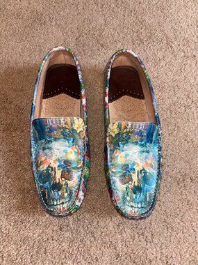 Robert Graham Watercolor Skull Leather Driving Moccasins Loafers 9